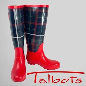 TALBOTS Women's Red Plaid Mid-Calf Rain Boots Size 6 Waterproof